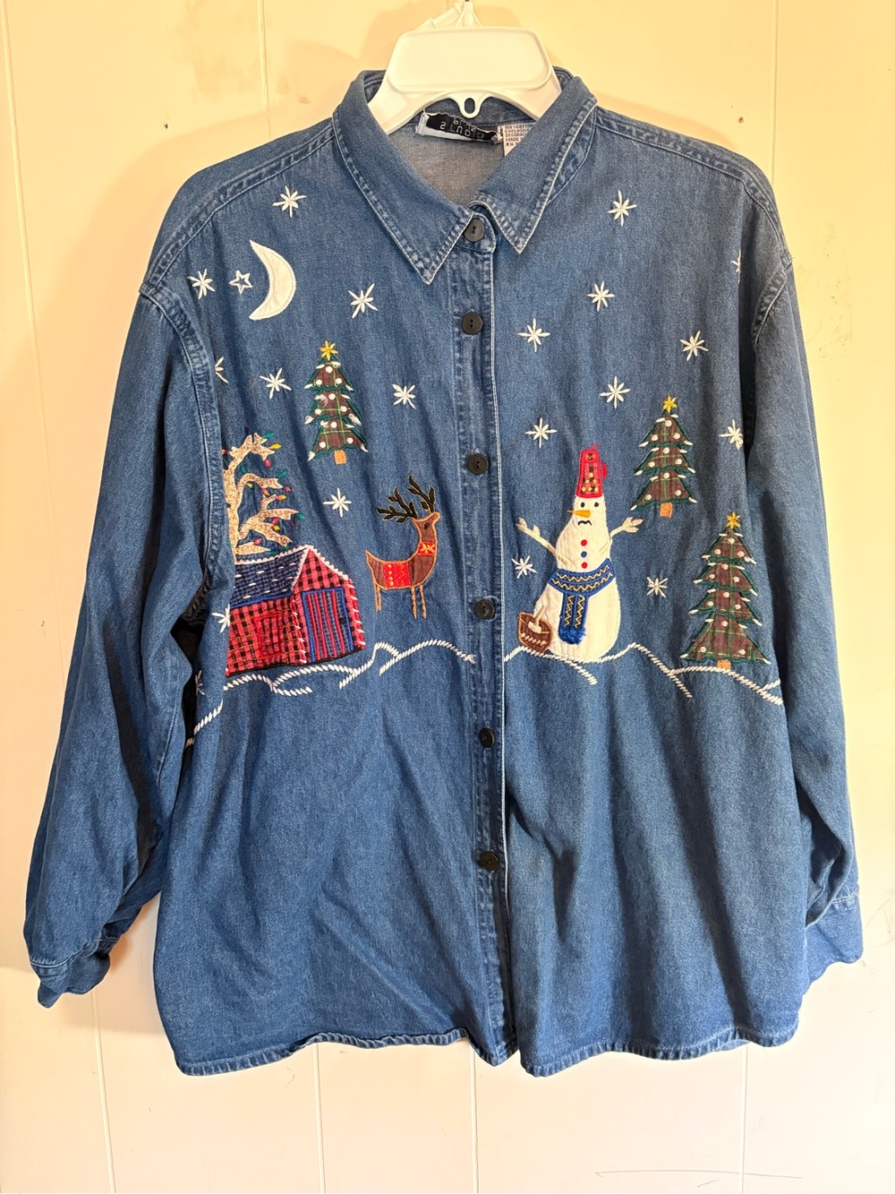 Women’s Plus 2X Vintage Embroidered Holiday Snowman Denim Shirt Christmas Y2K